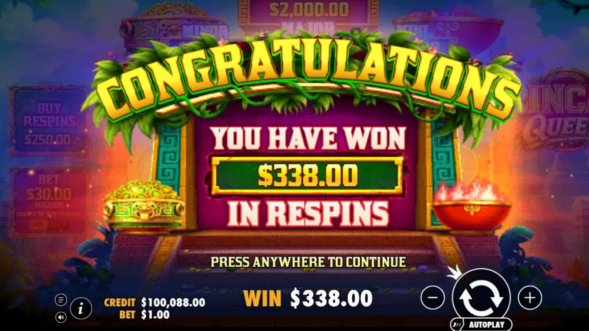Pemandangan kuil kuno dan koin emas dalam permainan slot Inca Queen