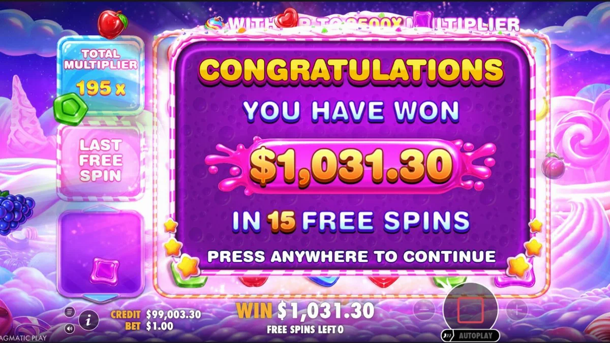 Tampilan visual slot Sweet Bonanza 2500 dengan tema permen dan buah-buahan yang cerah.